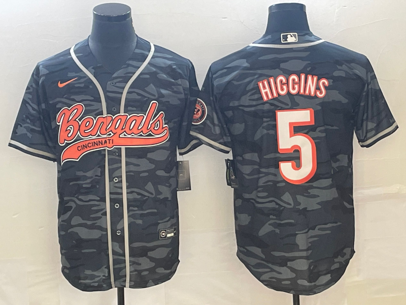 Men's Cincinnati Bengals #5 Tee Higgins Grey Camo With Patch Cool Base Stitched Baseball Jersey